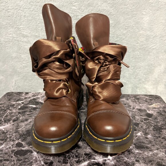 Dr Martens Boots Womens 5 Brown Floral Triumph Aimilita Fold Down Leather Combat - Picture 5 of 10